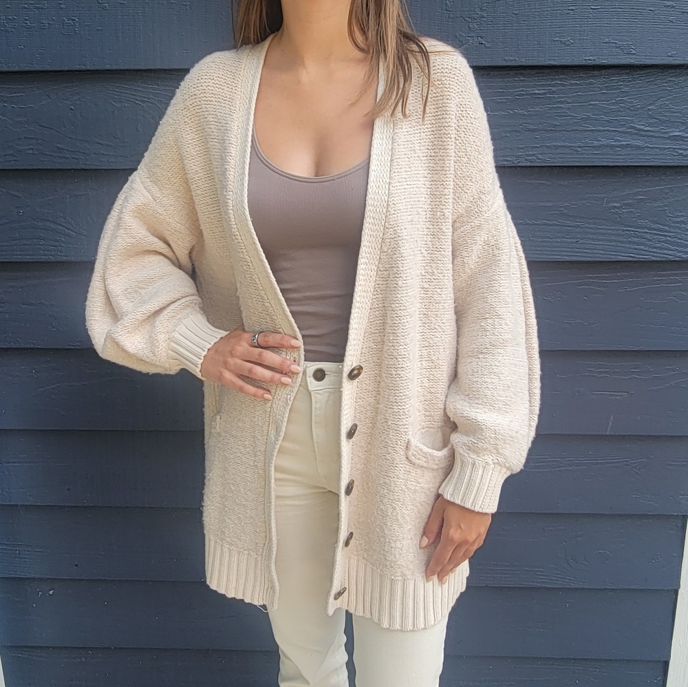 Free People Pink and White Oversized Cardigan Sweater